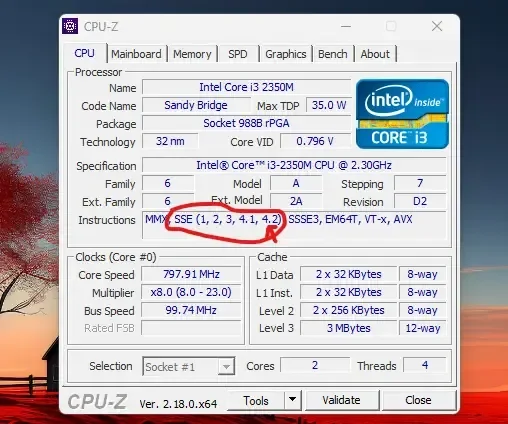 التحقق من دعم SSE4.2 باستخدام CPU-Z